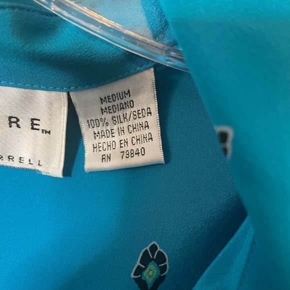 Vintage Silk Blouse By Beth Terrell Blue Geo Print Top Size M Sustainable Office - Picture 8 of 12